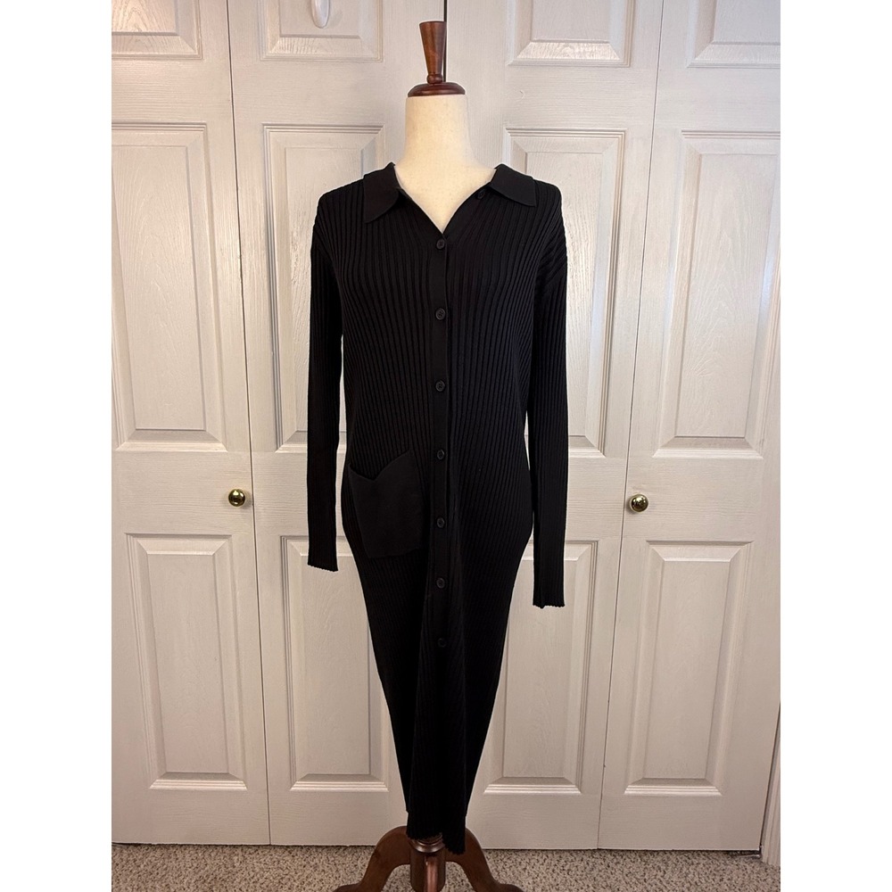 MELI Black Ribbed Button Front Midi Sweater Dress Collared Pocket M NWT
